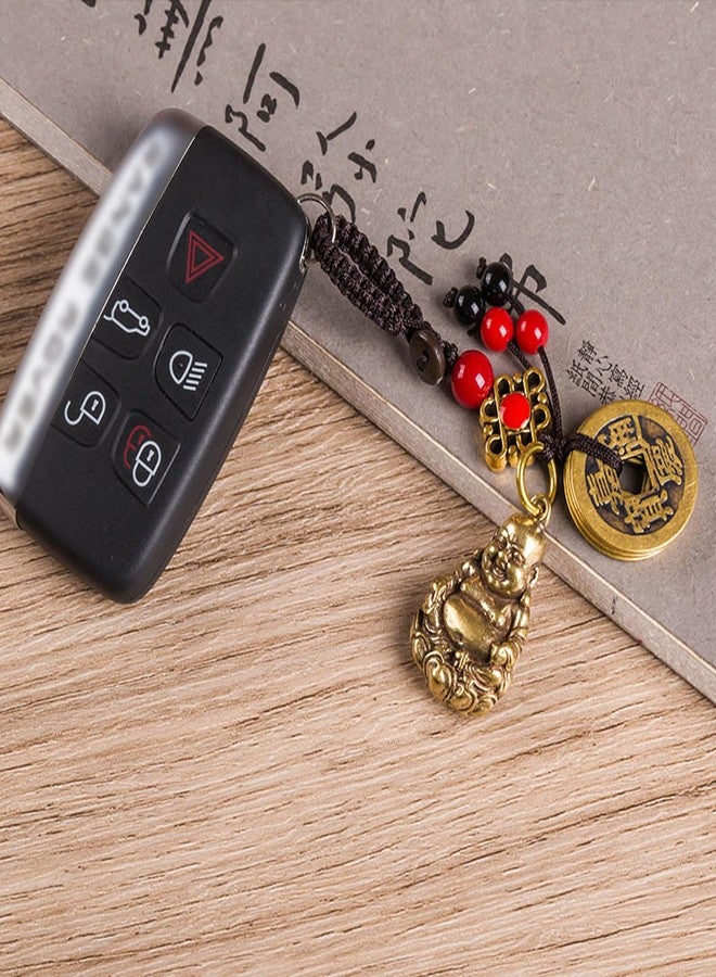 سلسلة مفاتيح على شكل تمثال بوذا الضاحك من النحاس الأصفر من مانسيويي، مع خمس عملات فنغ شوي، سلسلة مفاتيح بوذا السعيد مع شرابة لجلب الحظ - Image 3